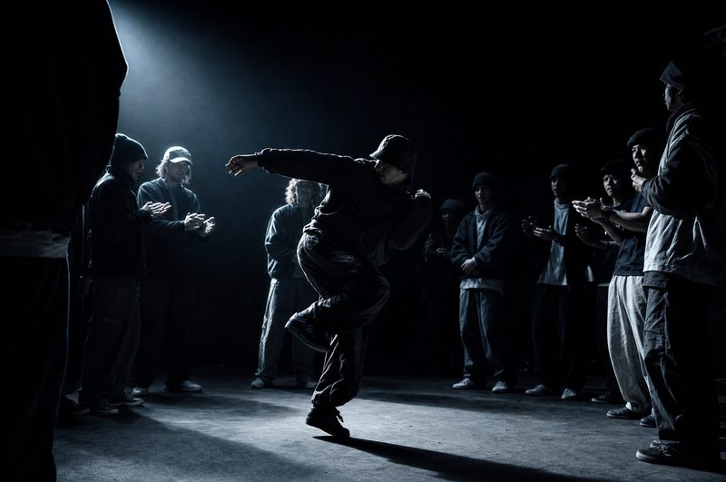 Tanečník v strede kruhu počas freestyle battle
